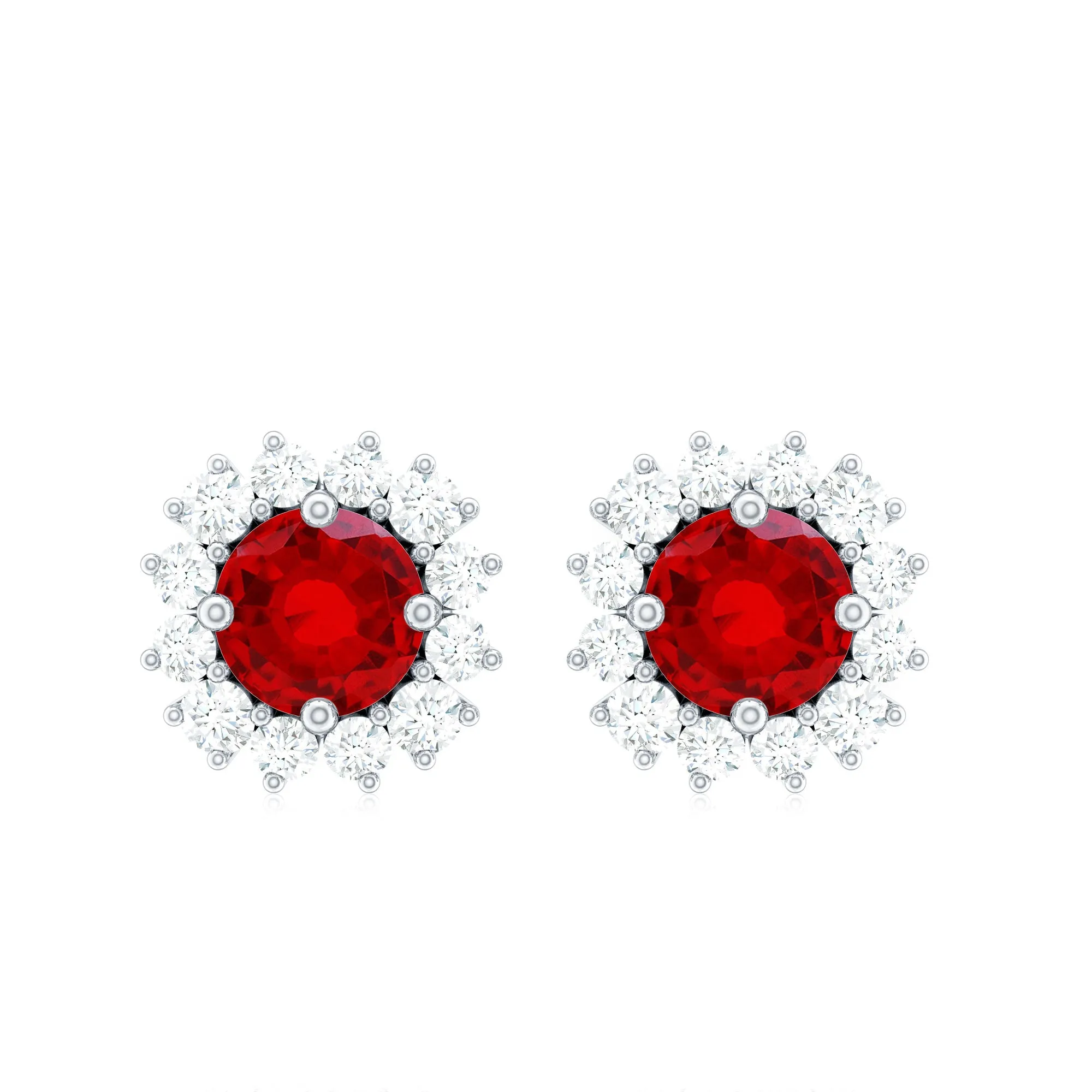 1 CT Created Ruby and Diamond Halo Stud Earrings