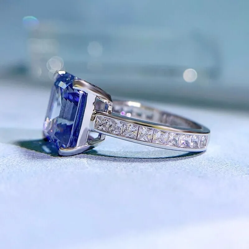 10*11mm Sapphire and Diamond 925 Sterling Silver Ring