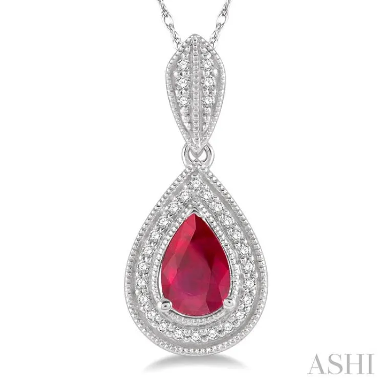 1/10 ctw Pear Shape 6x4mm Ruby & Round Cut Diamond Precious Pendant With Chain in 10K White Gold