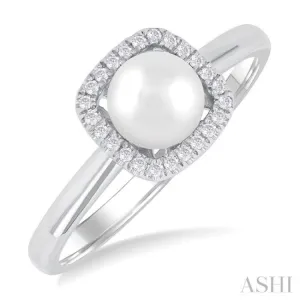 1/10 Ctw Petite 6 MM Cultured Pearl and Cushion-Shaped Round Cut Diamond Halo Ring in 10K White Gold