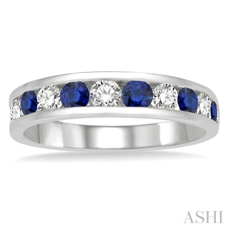 1/2 ctw Round Cut Diamond and 2.9MM Sapphire Precious Wedding Band in 14K White Gold