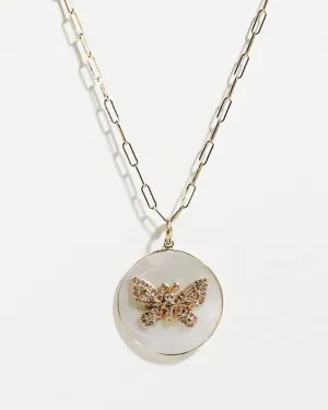 14K Gold Diamond pave Butterfly on Mother of Pearl Paperclip Necklace