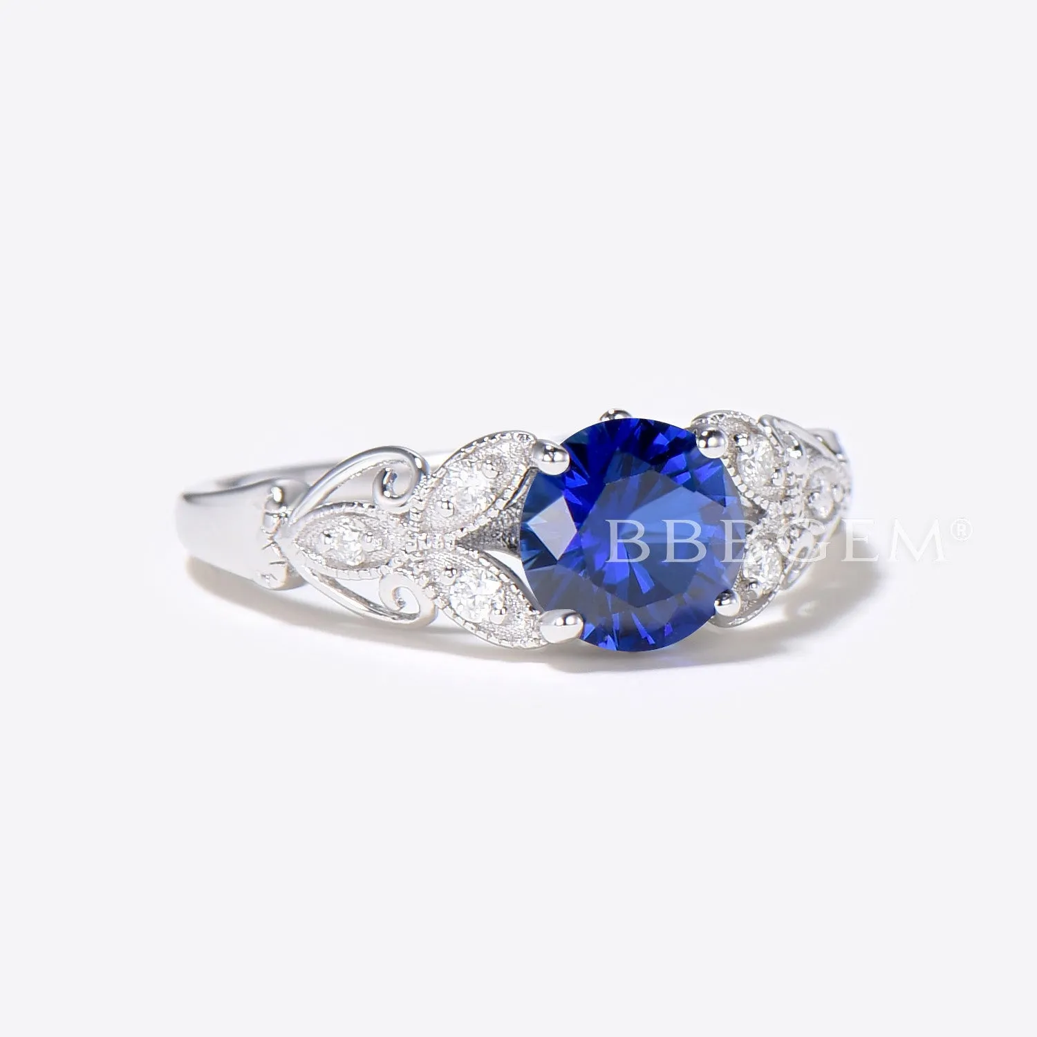 14K Gold Filigree Ring 1CT Round Blue Sapphire Engagement Ring