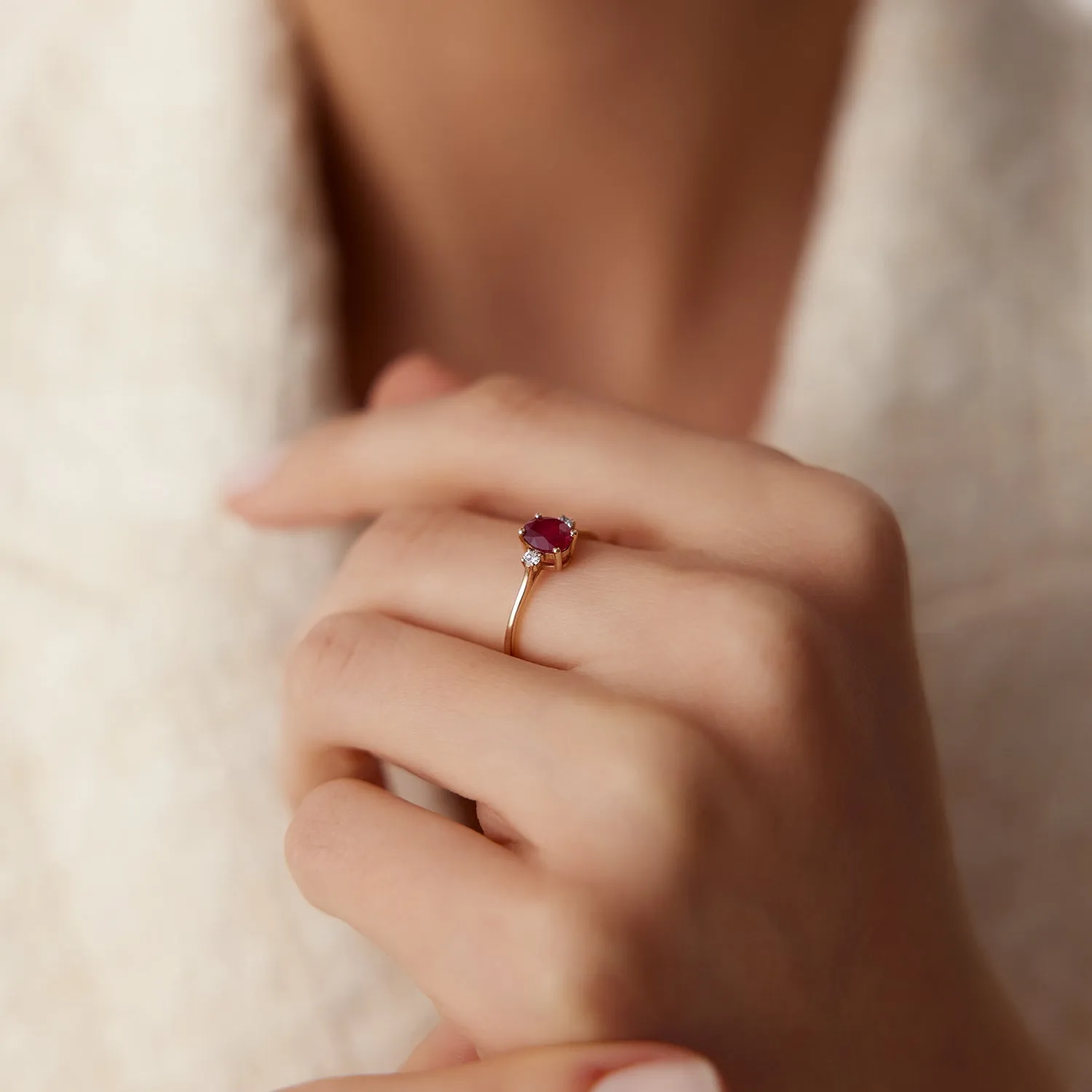 14k Oval Shape Ruby and Diamond 3 Stone Ring