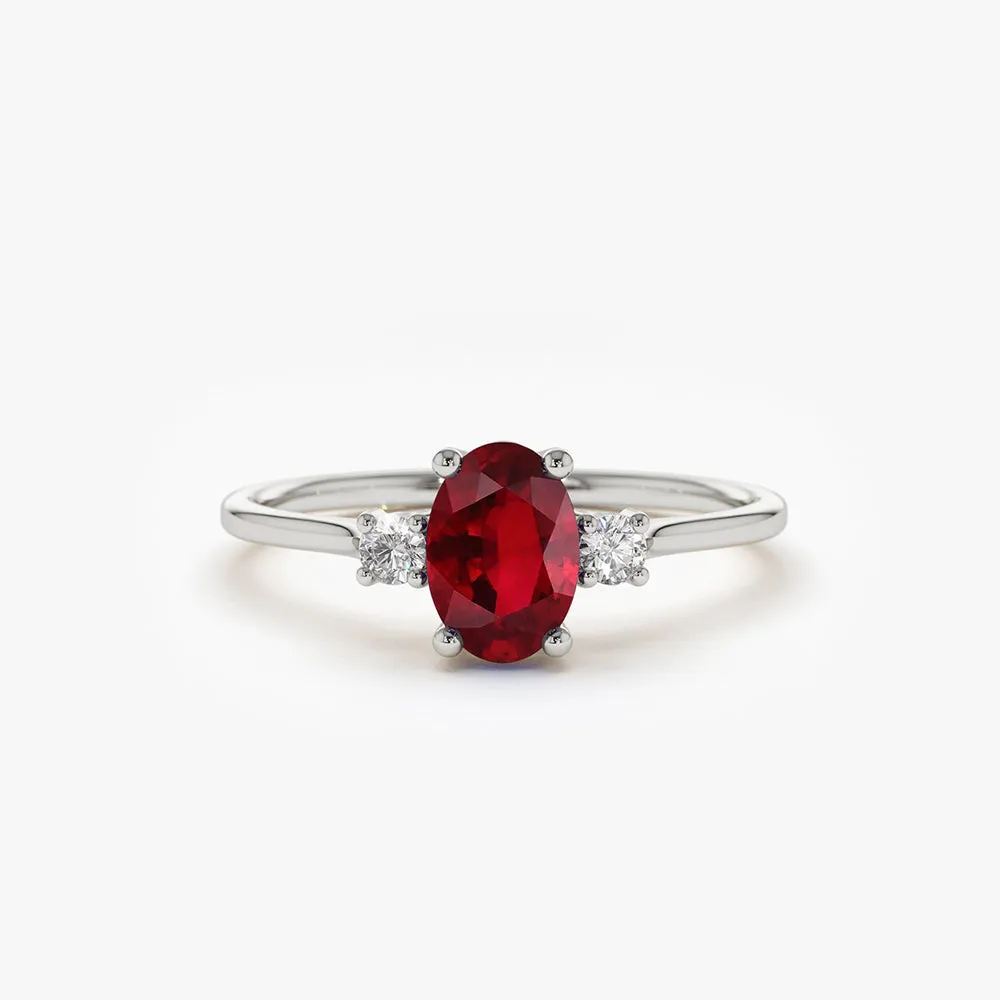 14k Oval Shape Ruby and Diamond 3 Stone Ring