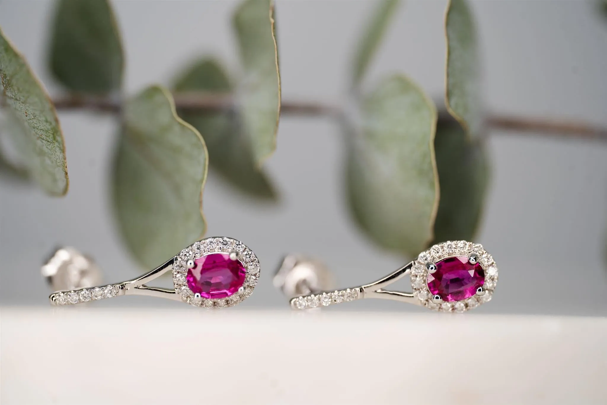 14K white gold diamond and ruby drop earrings