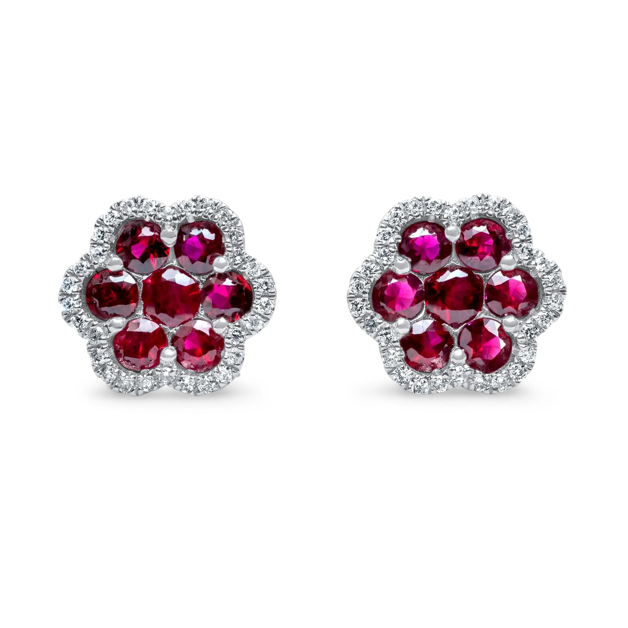 14k White Gold Diamond Ruby Cluster Earrings