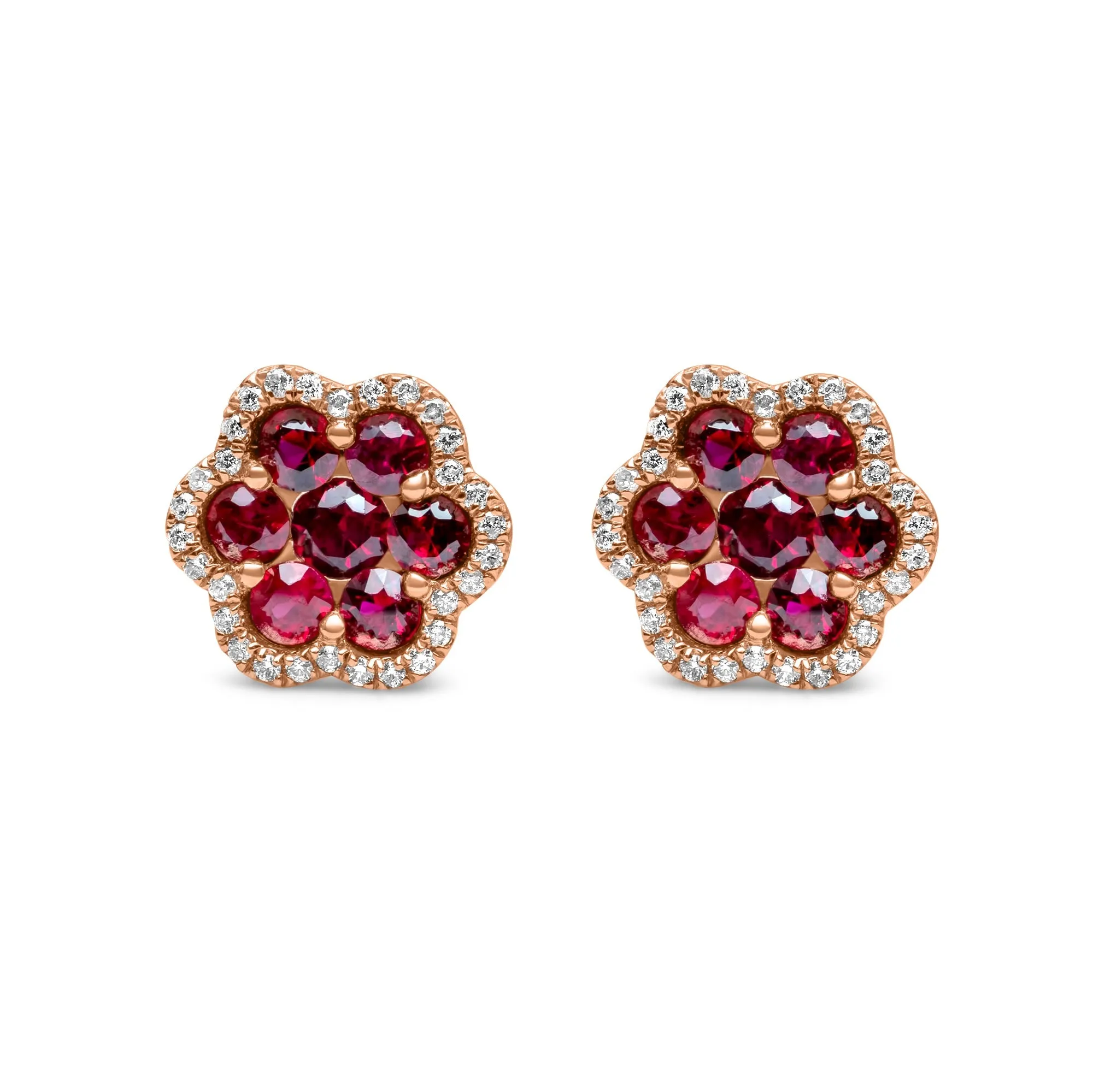 14k White Gold Diamond Ruby Cluster Earrings