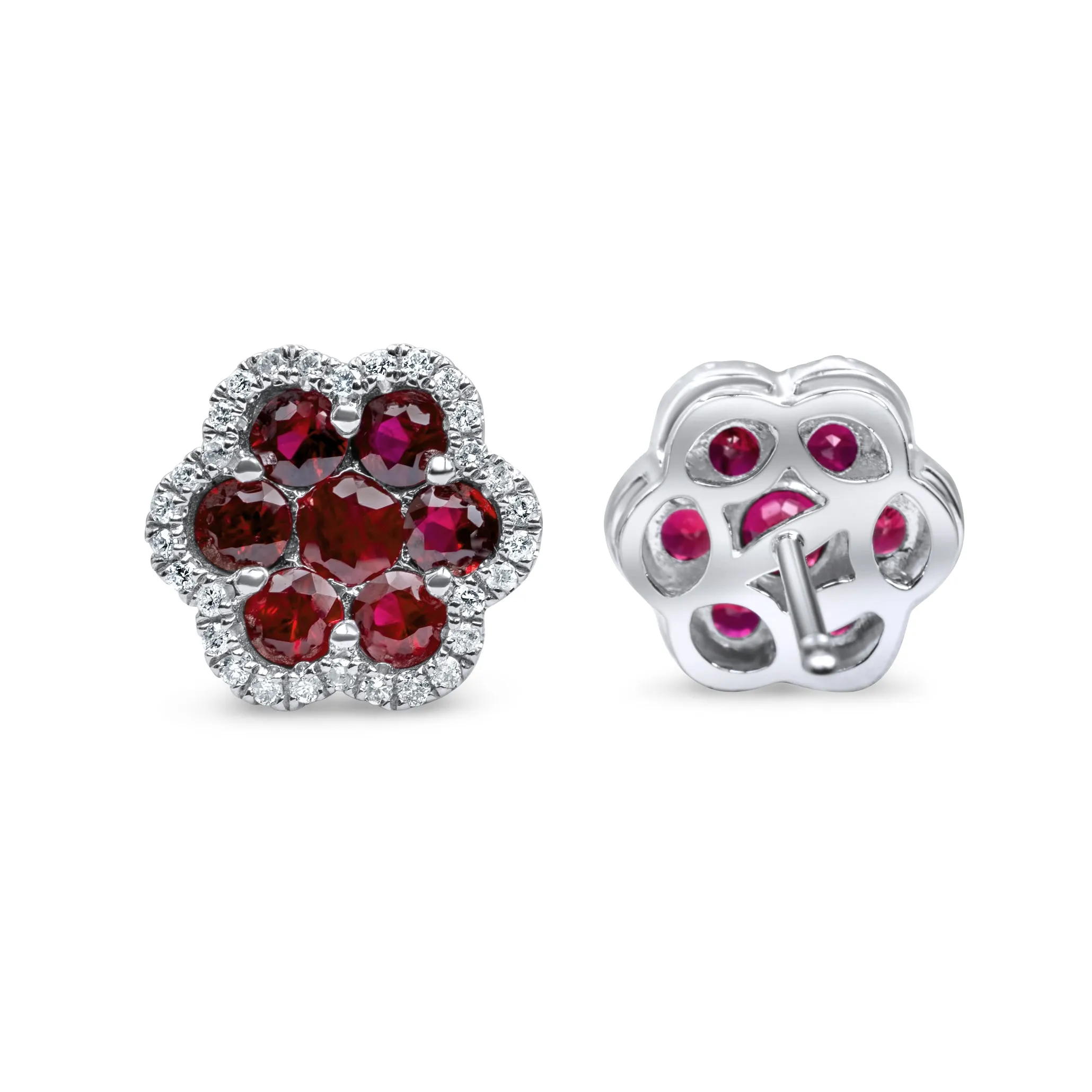 14k White Gold Diamond Ruby Cluster Earrings