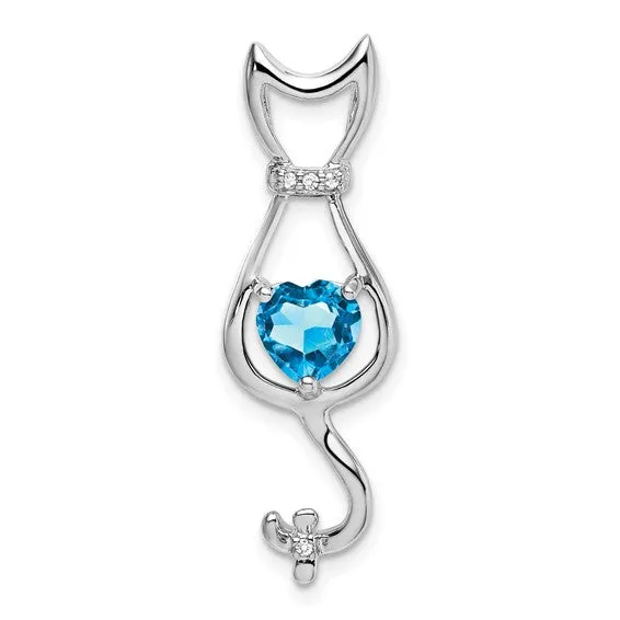 14k White Gold Gemstone Heart And Diamond Cat Pendants