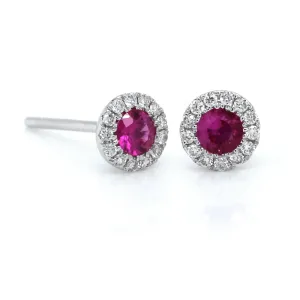 14K White Gold Ruby Diamond Halo Stud Earrings