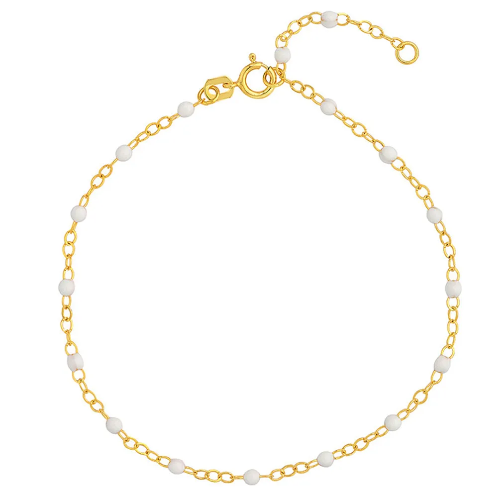 14K Yellow Gold White Enamel Bead Station 2mm Adjustable Chain Bracelet with Spring Ring, 7.5"