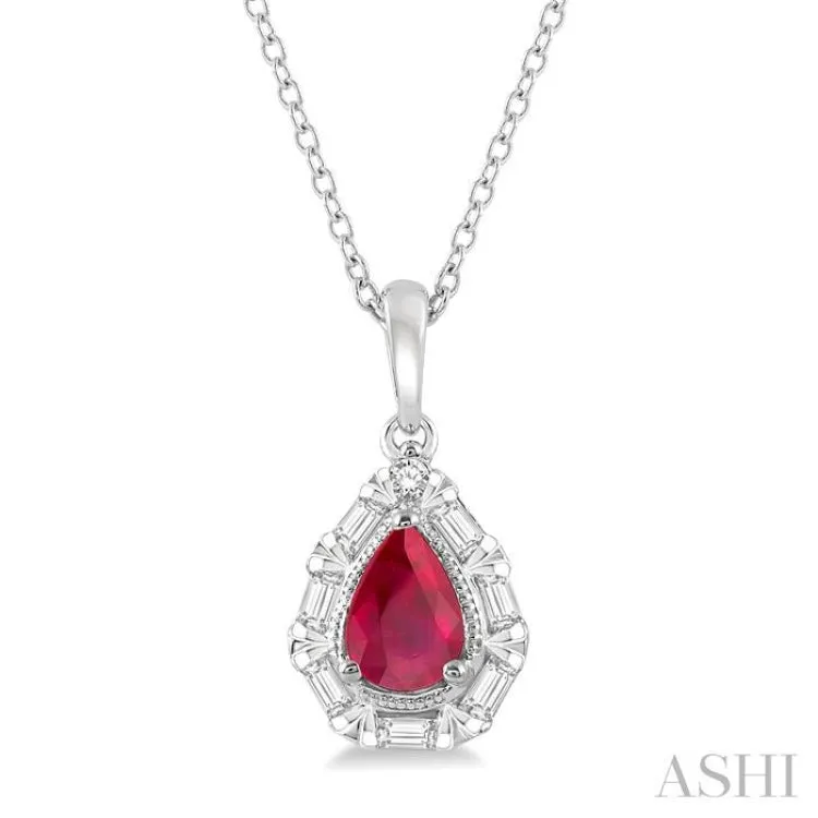 1/5 Ctw Pear Shape 6x4 MM Ruby, Baguette and Round Cut Diamond Precious Pendant With Chain in 14K White Gold