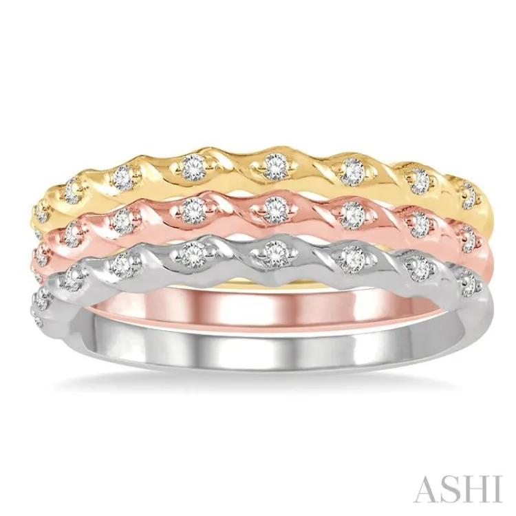 1/5 ctw Twisted Top Three Tone Round Cut Diamond Stackable Band in 14K White, Yellow and Rose Gold