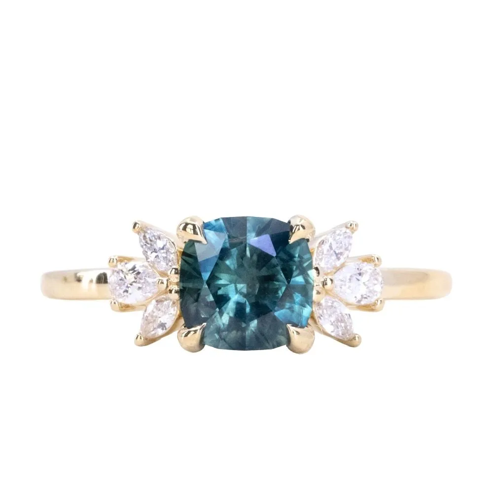 1.57ct Blue Montana Sapphire Cushion Cut and Lab Grown Marquise Diamond Cluster Ring in 14k Yellow Gold