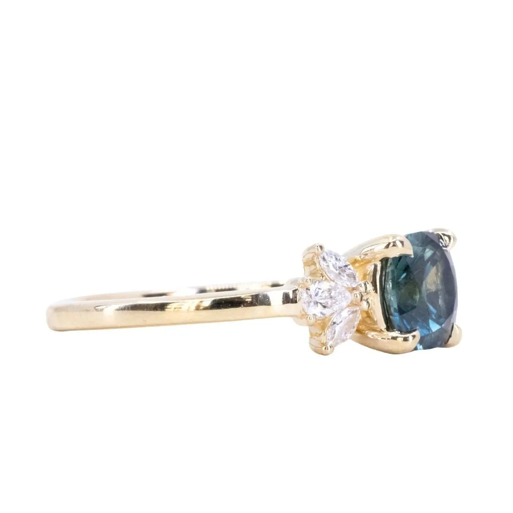 1.57ct Blue Montana Sapphire Cushion Cut and Lab Grown Marquise Diamond Cluster Ring in 14k Yellow Gold