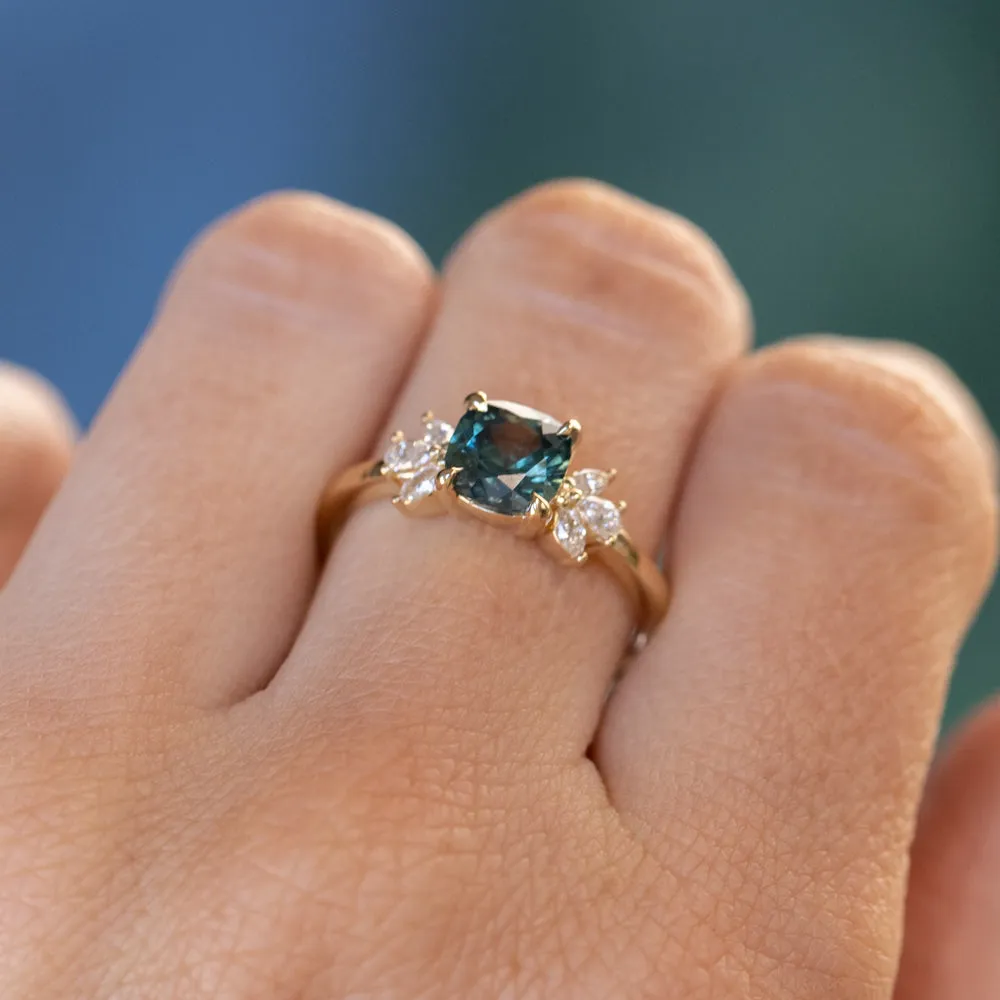 1.57ct Blue Montana Sapphire Cushion Cut and Lab Grown Marquise Diamond Cluster Ring in 14k Yellow Gold