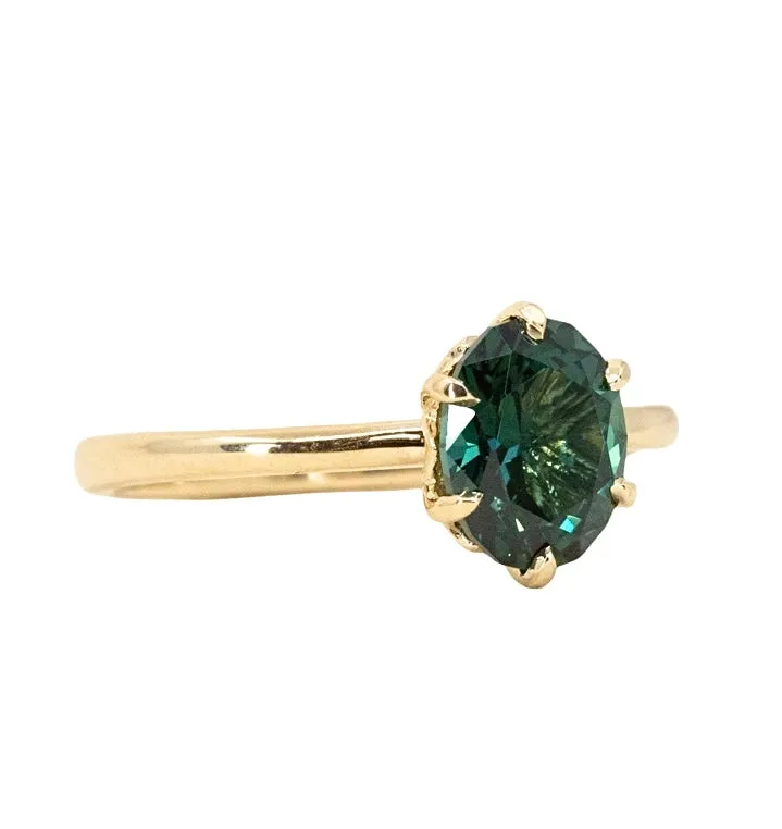 1.68ct Oval Deep Teal Blue Green Kenyan Sapphire Lotus Six Prong Solitaire in 14k Yellow Gold