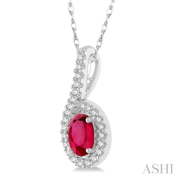 1/8 Ctw Oval Shape 6x4mm Ruby & Round Cut Diamond Precious Pendant in 10K White Gold