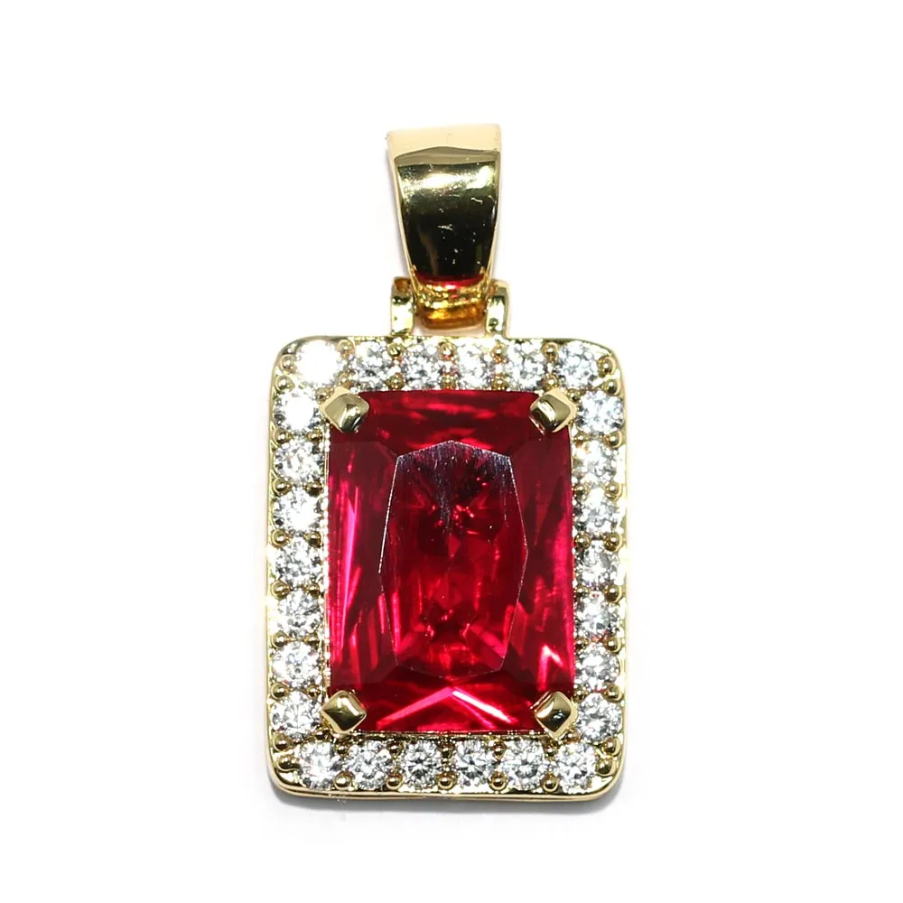 18k Gold Plated CZ Framed Ruby Pendant 20mm with 30 inch Ball Chain High Quality