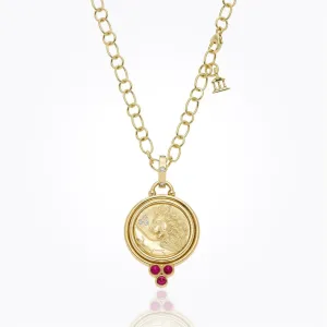 18K Lion Coin Pendant with ruby and diamond