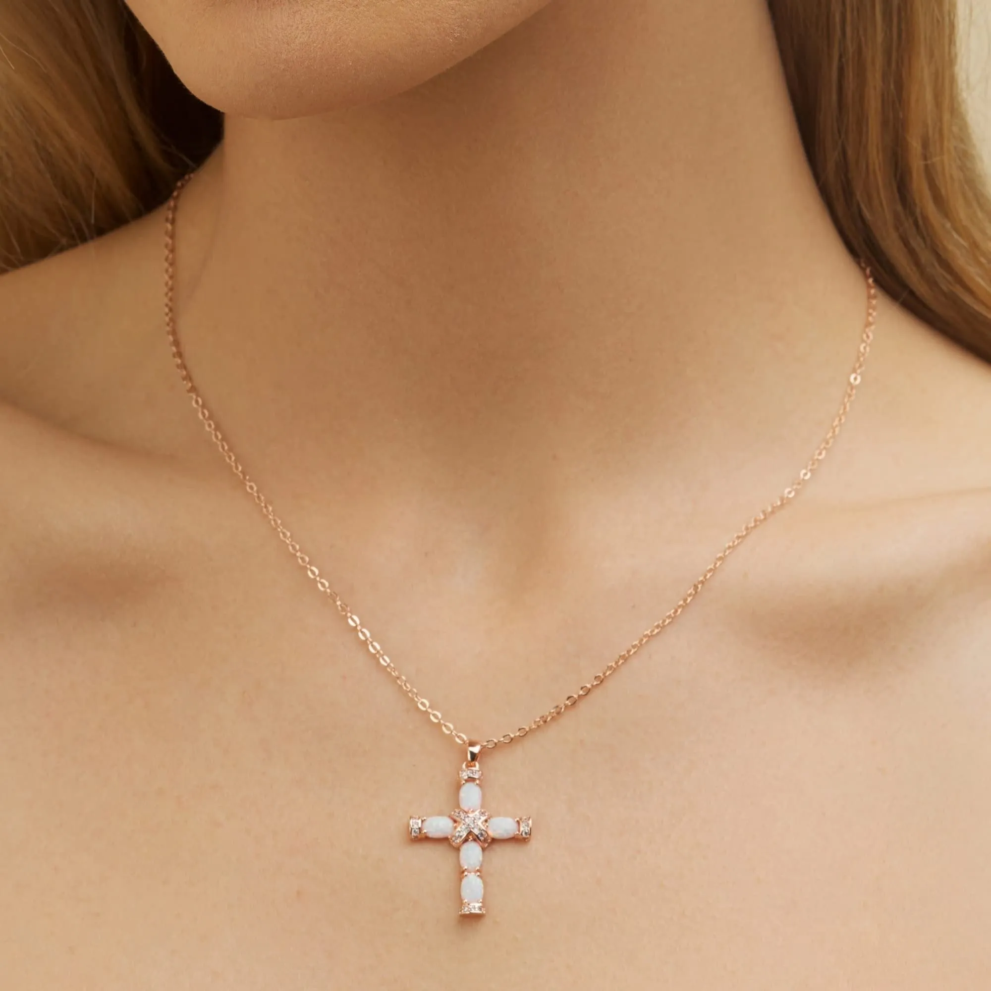 18K Rose Gold Plated Opal Cross Charm Necklace