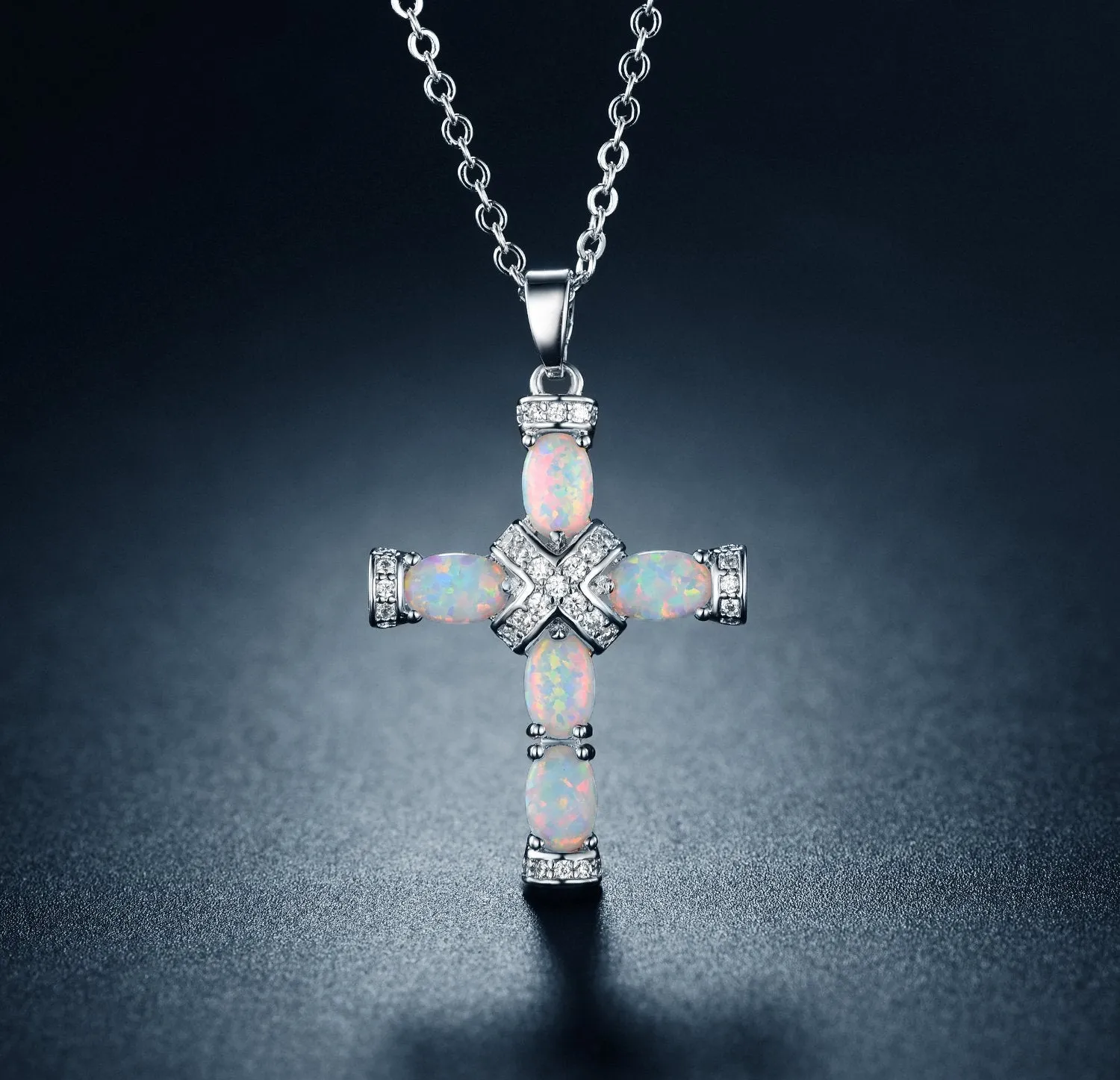 18K Rose Gold Plated Opal Cross Charm Necklace