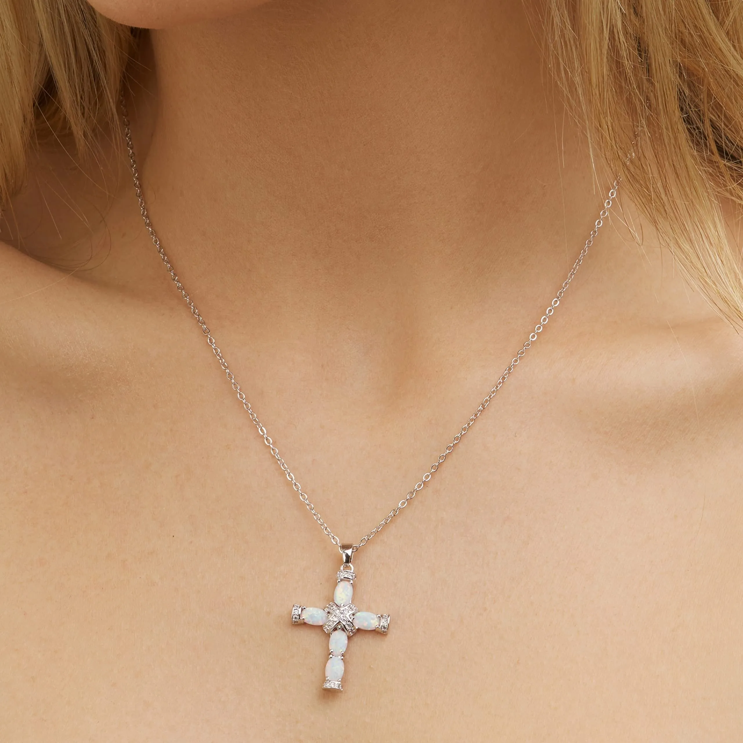 18K Rose Gold Plated Opal Cross Charm Necklace