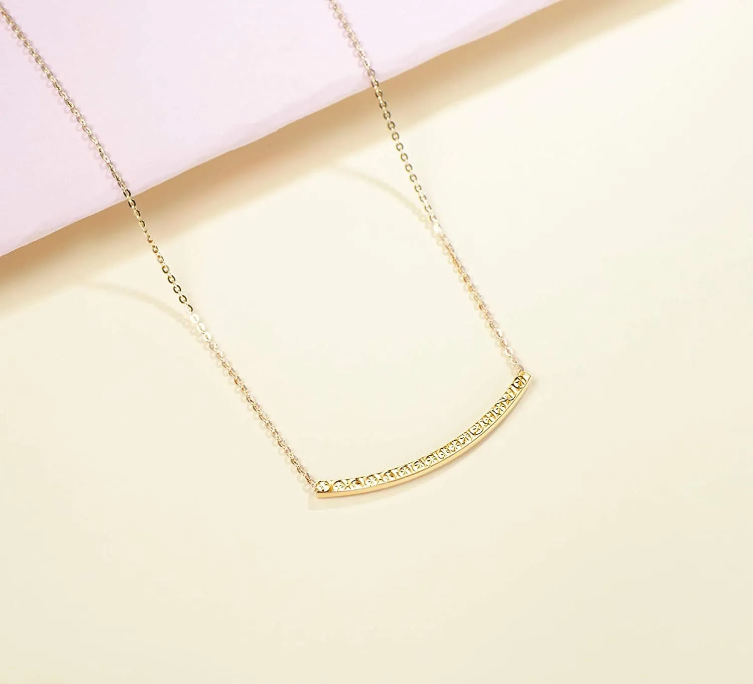 18K Rose/Yellow Gold Diamond-Cut Bar Smile Pendant Necklace