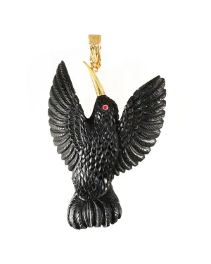 18k Yellow Gold Jet Hummingbird with Rose Gold Ruby Eyes Pendant