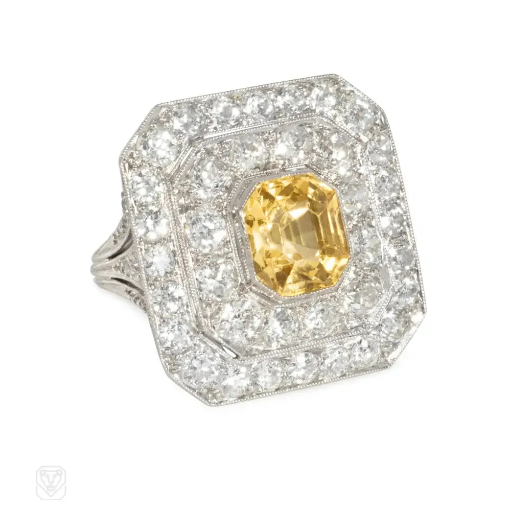 1920s yellow sapphire, diamond, and platinum target ring