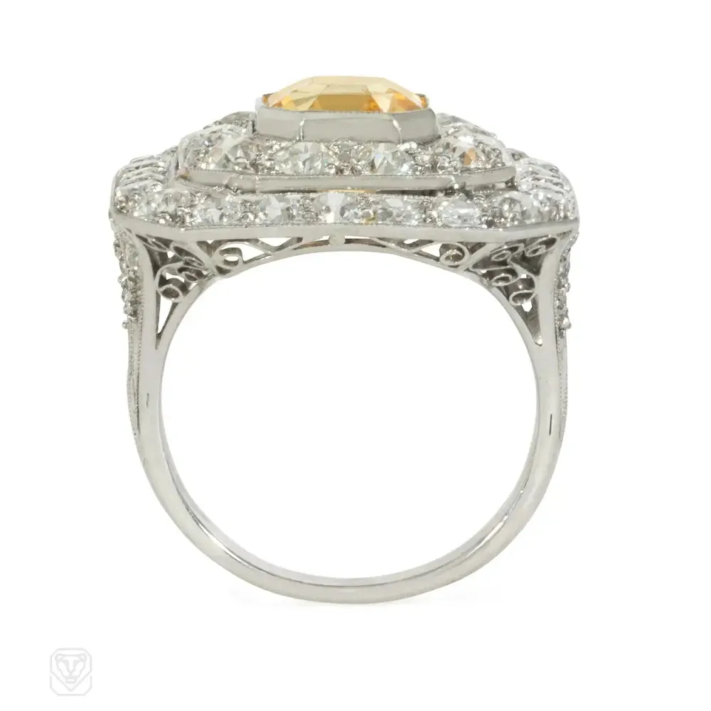 1920s yellow sapphire, diamond, and platinum target ring