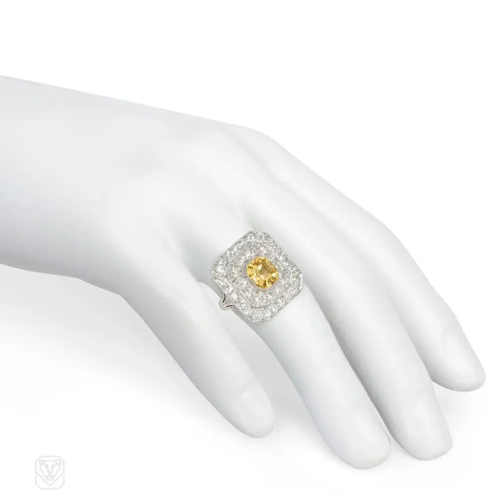 1920s yellow sapphire, diamond, and platinum target ring