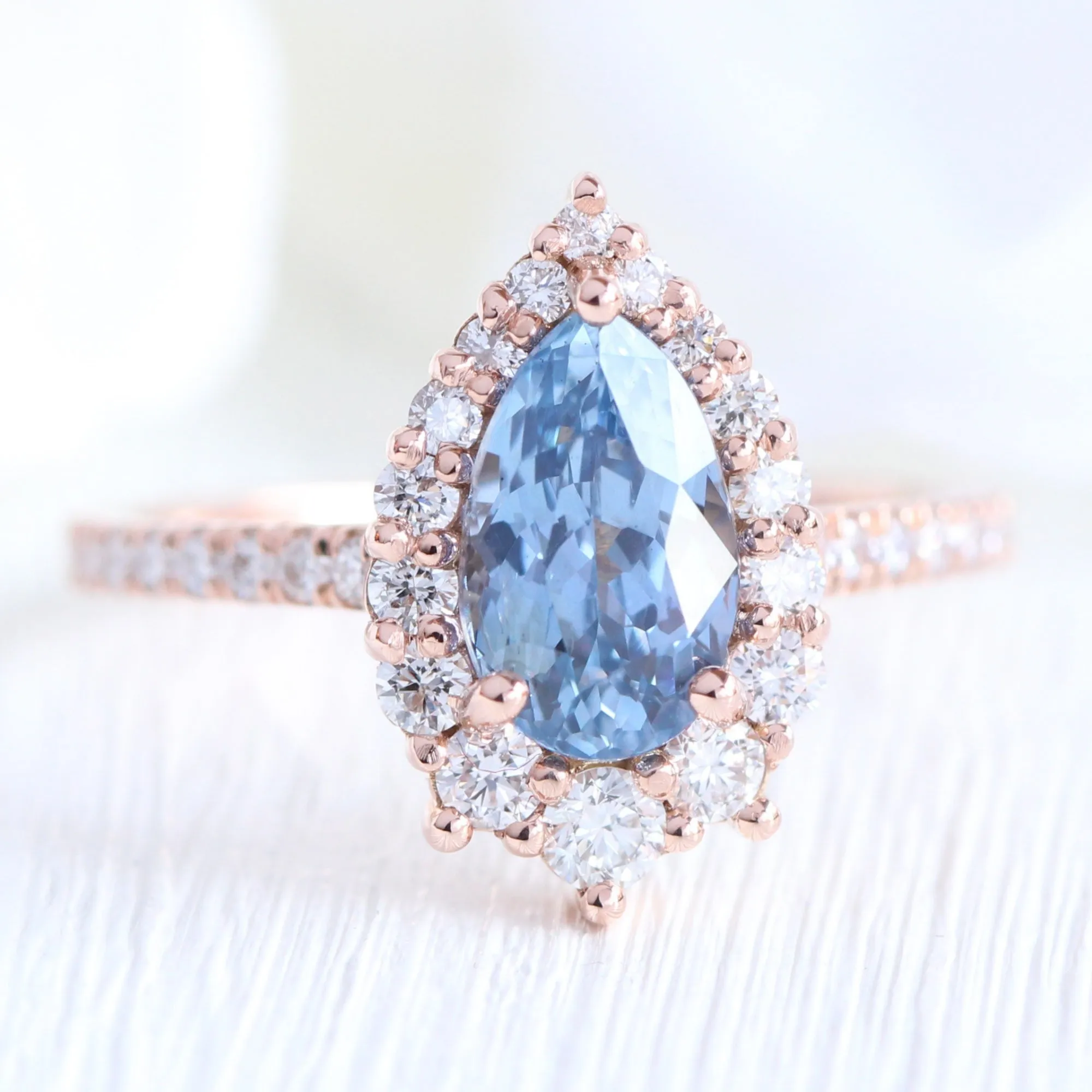 2.57 Ct Pear Aqua Blue Sapphire Ring in 14k Rose Gold Tiara Halo Diamond, Size 6.25