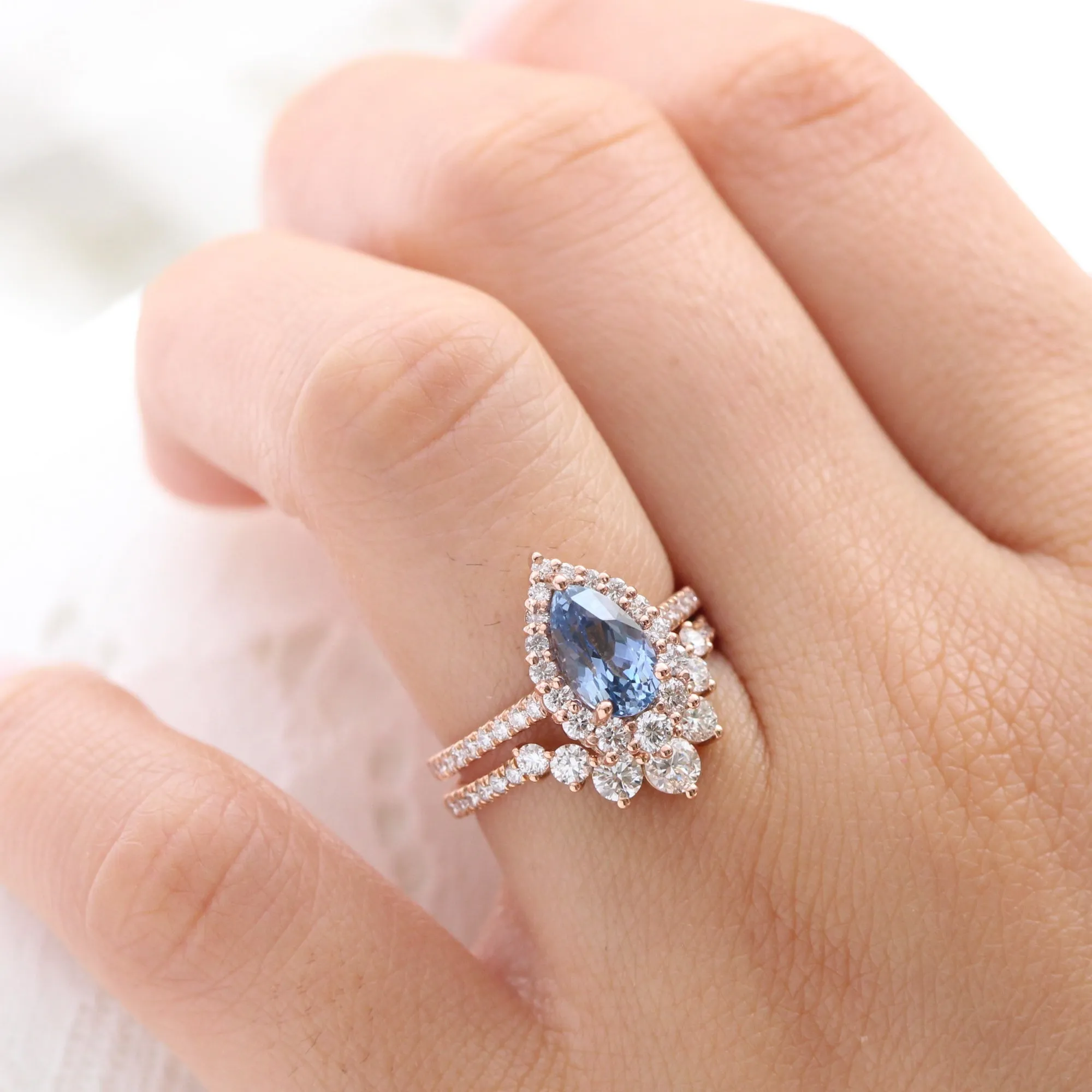 2.57 Ct Pear Aqua Blue Sapphire Ring in 14k Rose Gold Tiara Halo Diamond, Size 6.25