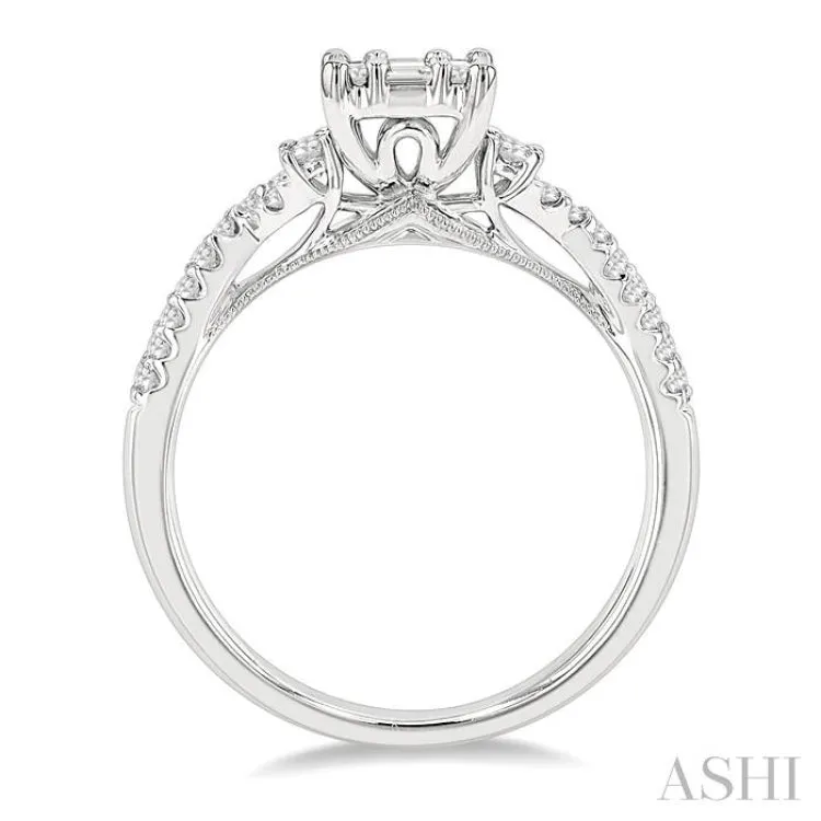 3/4 ctw Split Criss Cross Shank Fusion Baguette and Round Cut Diamond Engagement Ring in 14K White Gold