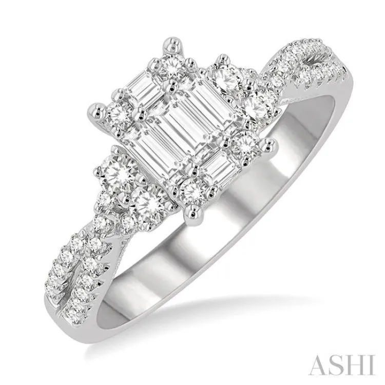 3/4 ctw Split Criss Cross Shank Fusion Baguette and Round Cut Diamond Engagement Ring in 14K White Gold