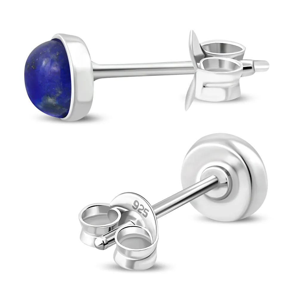 4.80mm | Lapis Lazuli Blue Stone Round Sterling Silver Stud Earrings