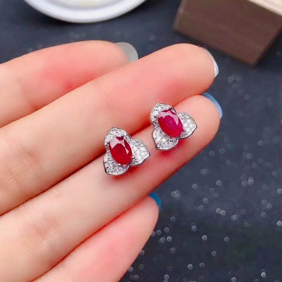 4mm*6mm Translucent Ruby 925 Silver Stud Earrings