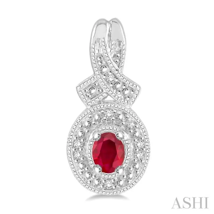 4x3 mm Oval Cut Ruby and 1/20 ctw Single Cut Diamond Earrings in Sterling Silver