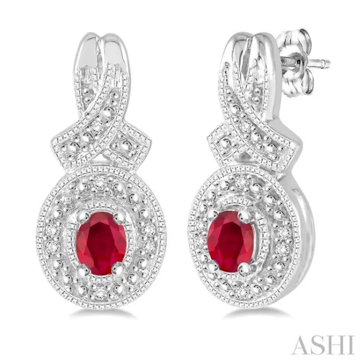 4x3 mm Oval Cut Ruby and 1/20 ctw Single Cut Diamond Earrings in Sterling Silver