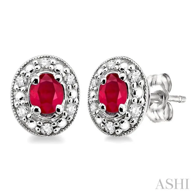 4x3mm Oval Shaped Ruby and 1/10 Ctw Single Cut Diamond Earrings in 14K White Gold