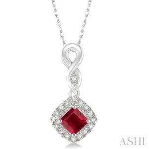 4x4 MM Cushion Cut Ruby and 1/10 Ctw Round Cut Diamond Pendant in 10K White Gold with Chain