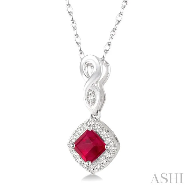 4x4 MM Cushion Cut Ruby and 1/10 Ctw Round Cut Diamond Pendant in 10K White Gold with Chain