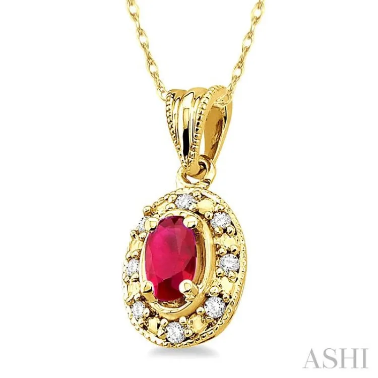 5x3mm Oval Shape Ruby and 1/20 Ctw Single Cut Diamond Pendant in 10K Yellow Gold with Chain