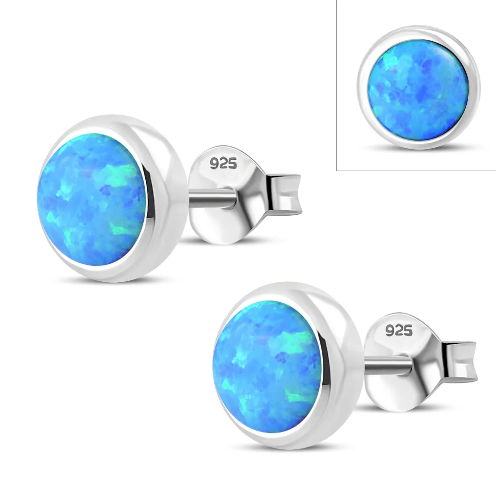 6.50mm | Synthetic Blue Opal Round Sterling Silver Stud Earrings