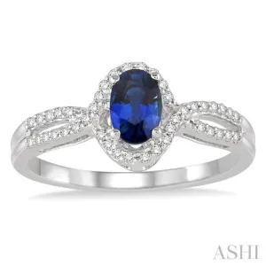 6x4 MM Oval Cut Sapphire and 1/6 Ctw Round Cut Diamond Ring in 10K White Gold