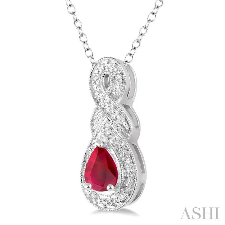 6x4 MM Pear Shape Ruby and 1/50 Ctw Round Cut Diamond Pendant in Sterling Silver with Chain