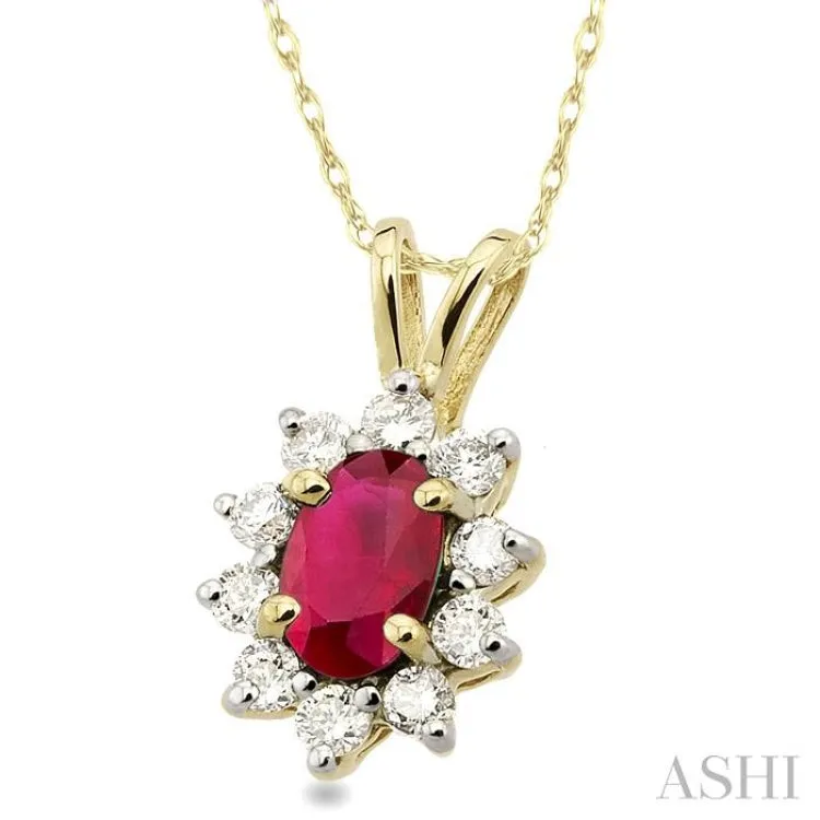 6x4MM Oval Cut Ruby and 1/4 Ctw Round Cut Diamond Pendant in 14K Yellow Gold with Chain