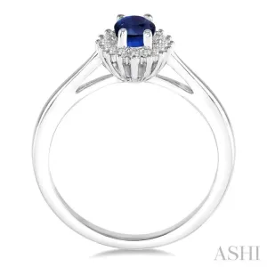 6X4MM Oval Cut Sapphire Center and 1/8 Ctw Round Cut Diamond Halo Precious Stone Ring in 10K White Gold